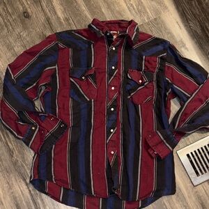 Vintage Wrangler Western Mens Shirt Button Down Size Large Pearl Snap Striped